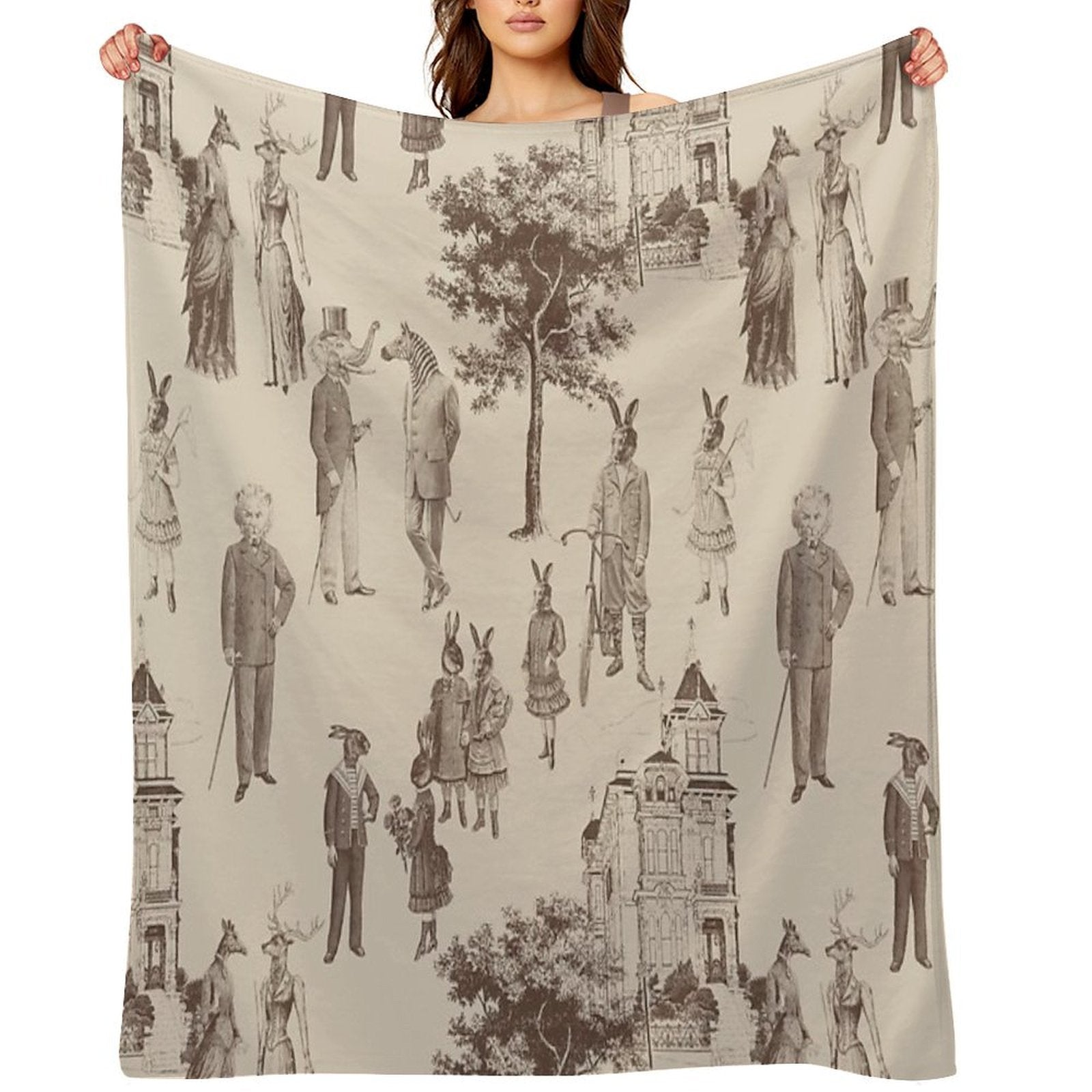 Antique Victorian Animals Brown Beige Toile Anti-pilling Throw Blanket