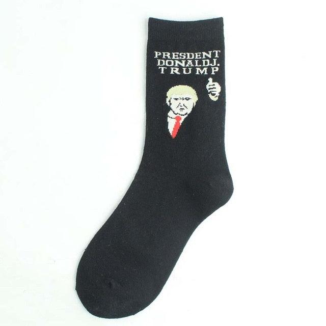 Black sock with President Donald Trump graphic and text on a white background