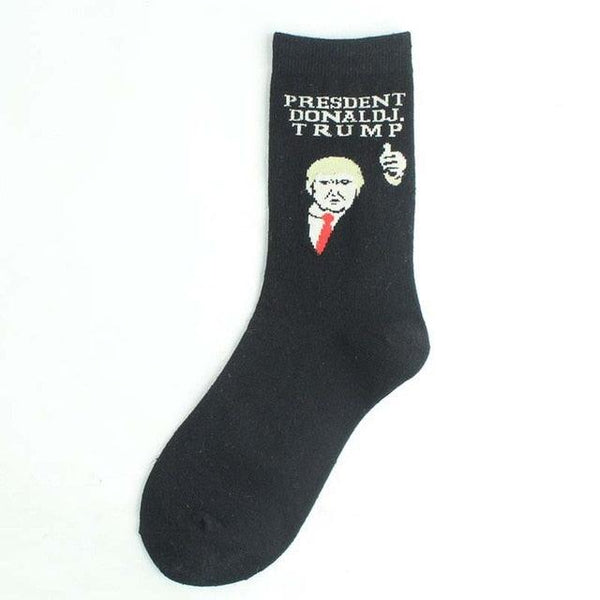 Black sock with President Donald Trump graphic and text on a white background