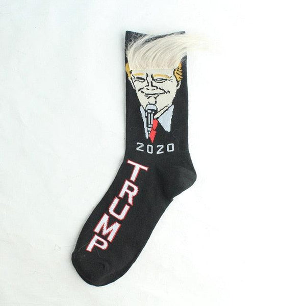Sock with a graphic of a person and 'TRUMP 2020' text on a white background