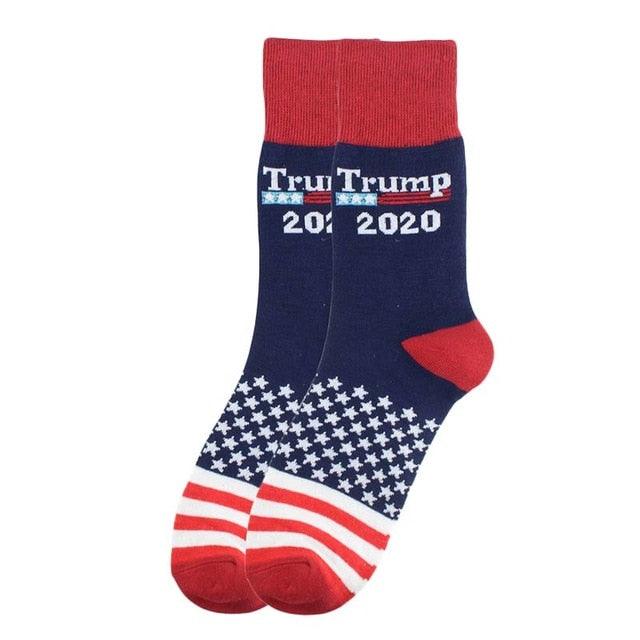 Sock with 'Trump 2020' text and American flag design on a white background