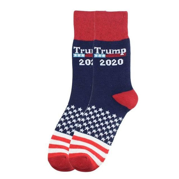 Sock with 'Trump 2020' text and American flag design on a white background