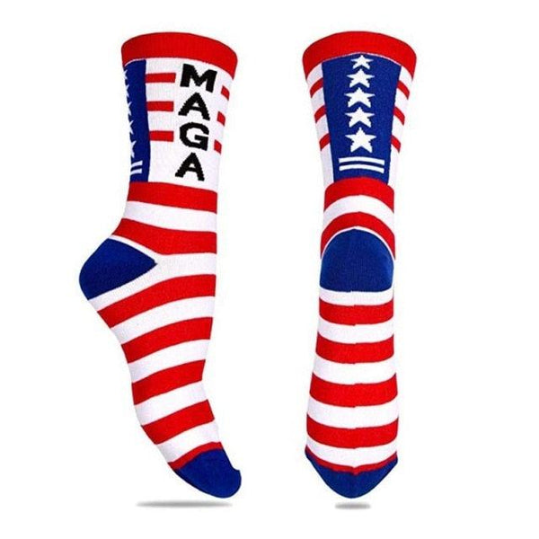 Socks with American flag design and 'MAGA' text on a white background