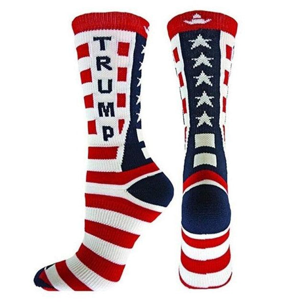 Socks with American flag design and 'TRUMP' text on a white background