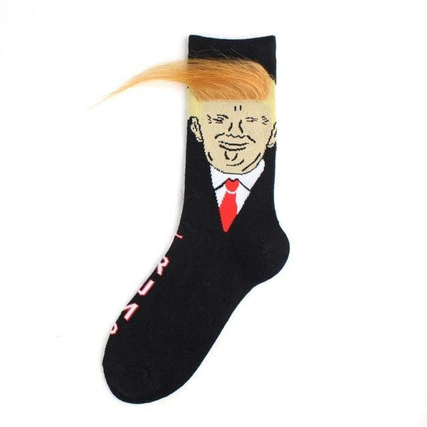 Black sock with a cartoon depiction of a man with blonde hair and a red tie on a white background