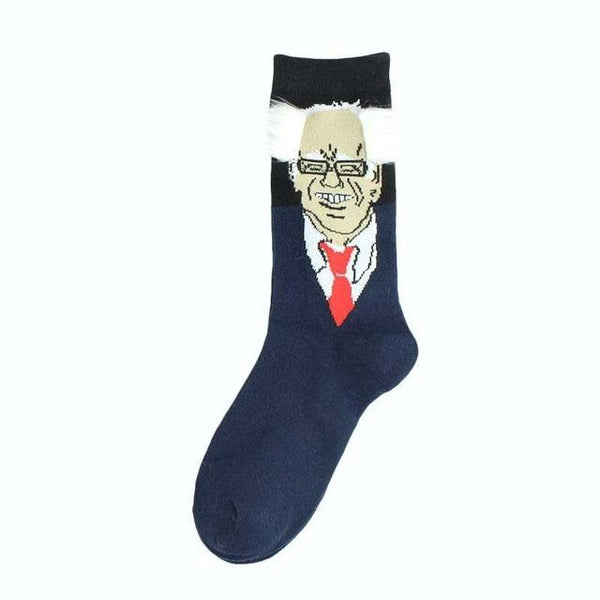Navy blue sock with a cartoon face design on a white background