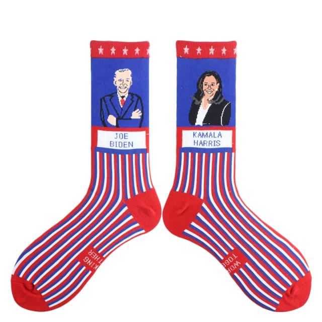 Pair of socks with Joe Biden and Kamala Harris illustrations on a white background