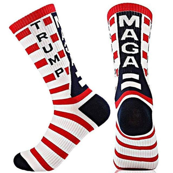 Two socks with 'TRUMP' and 'MAGA' text on a white background