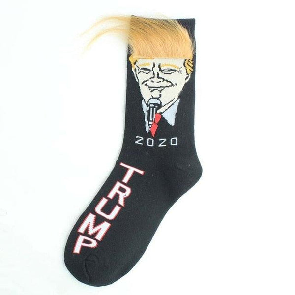 Black sock with a graphic of a person with blonde hair and 'TRUMP 2020' text on a white background