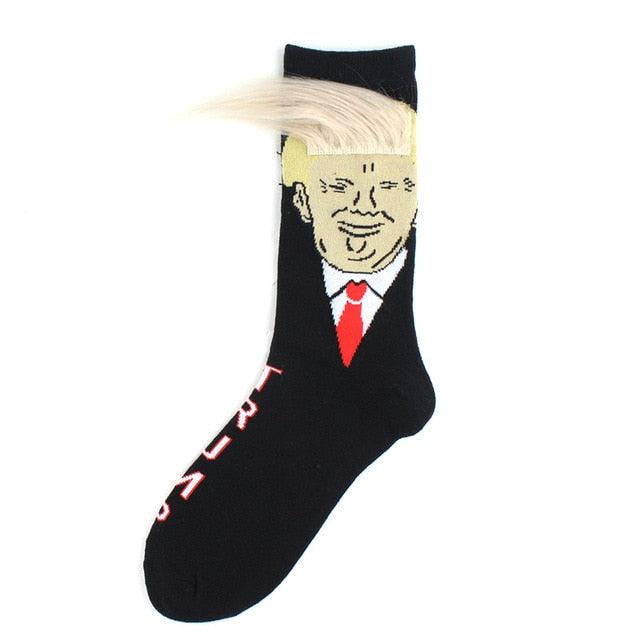 Black sock with a graphic of a person's face and blonde hair on a white background