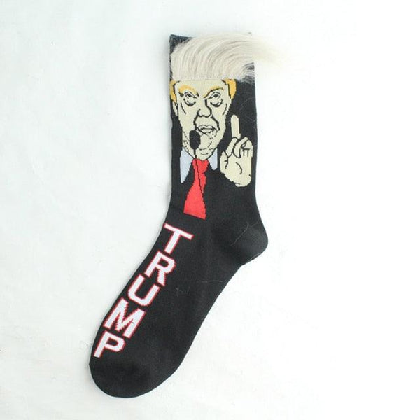 Sock with a graphic of a person making a hand gesture and the word 'TRUMP' on a white background