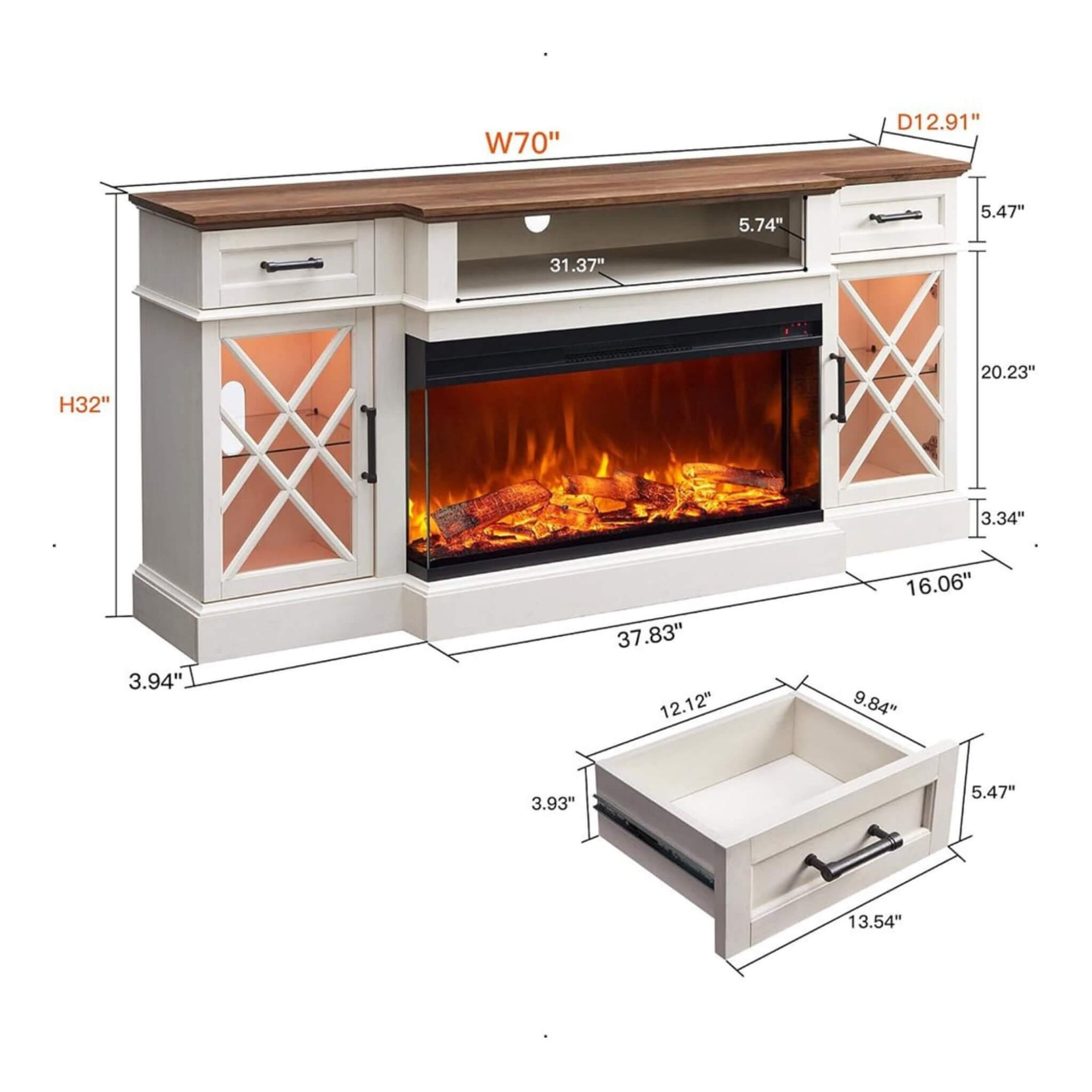 Electric 70-Inch Fireplace TV Stand With Glass Door Storage Cabinet (SAK58627)