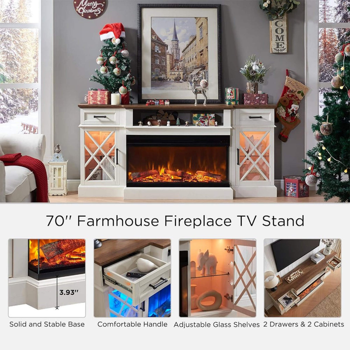 Electric 70-Inch Fireplace TV Stand With Glass Door Storage Cabinet (SAK58627)