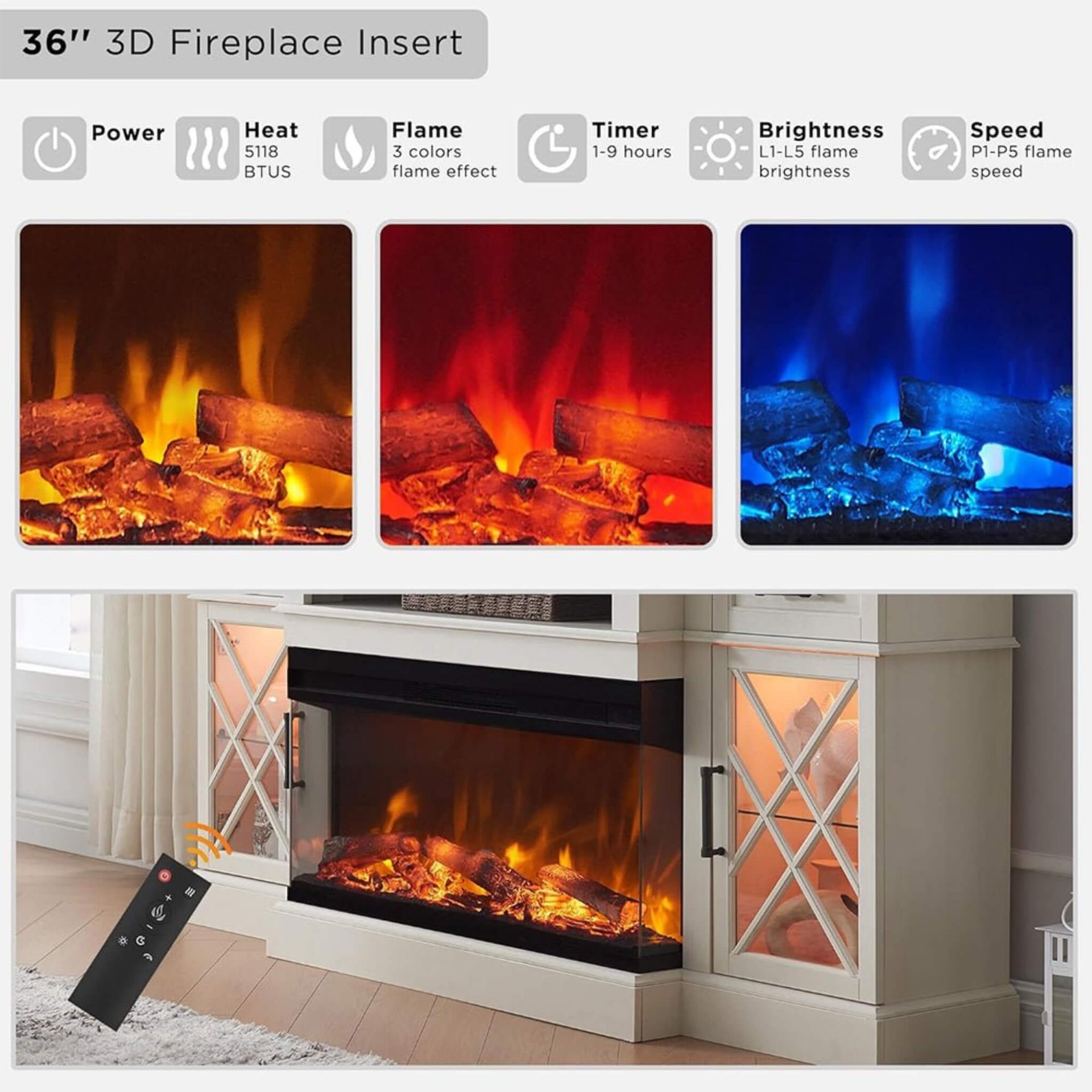 Electric 70-Inch Fireplace TV Stand With Glass Door Storage Cabinet (SAK58627)