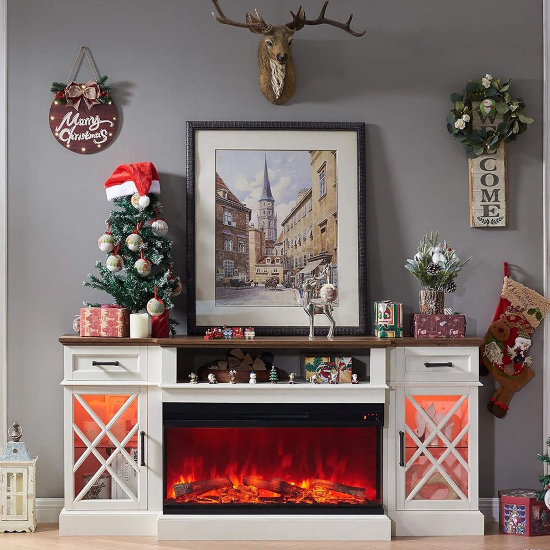 Electric 70-Inch Fireplace TV Stand With Glass Door Storage Cabinet (SAK58627)