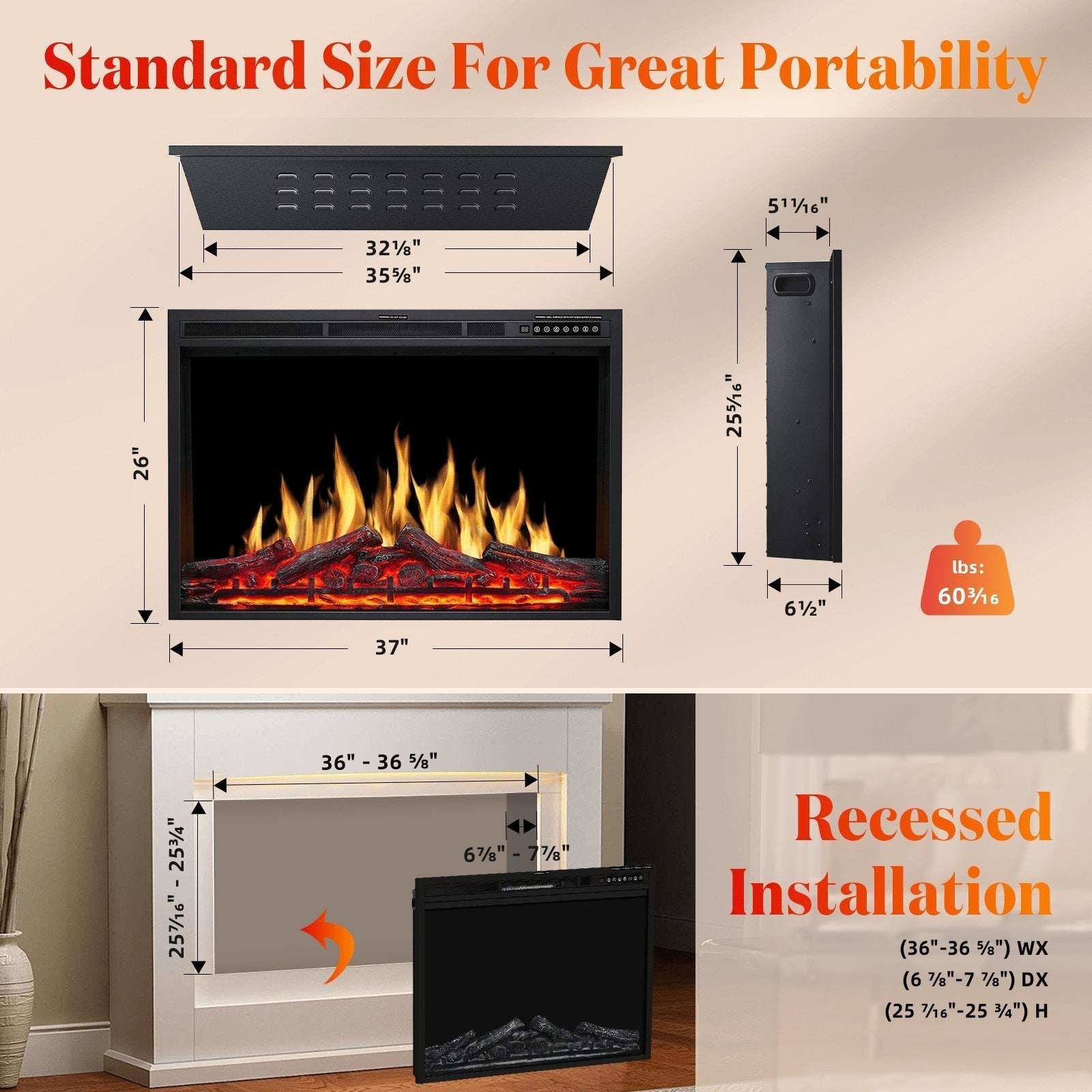 Electric Fireplace Insert Adjuatble Flame Colors 936A,939A,936BXB,939BXB Kismile