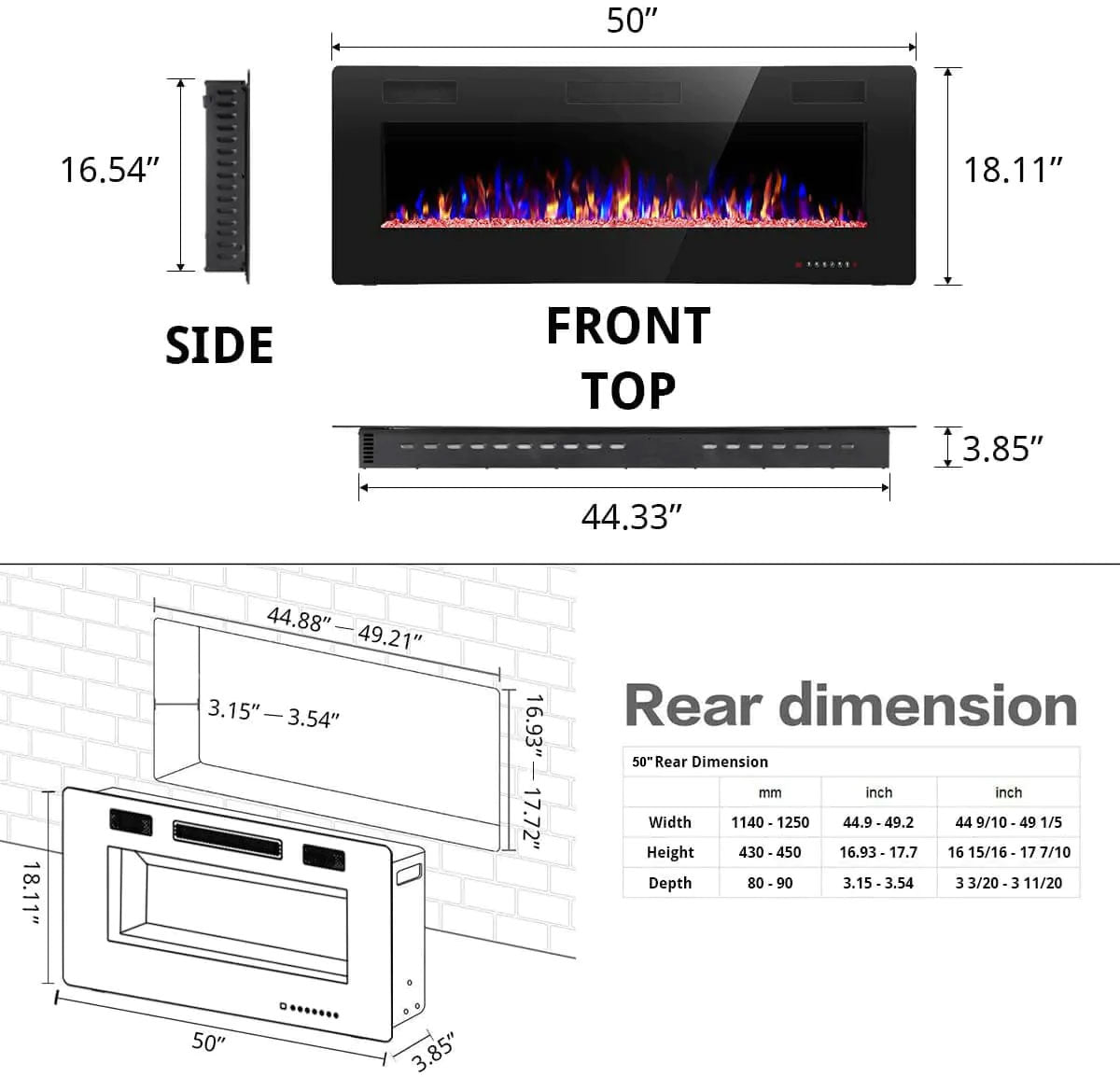 Electric Fireplace Recessed and Wall Mounted,830C3,836C3,842C3,850C3,860C3,868C3 Kismile
