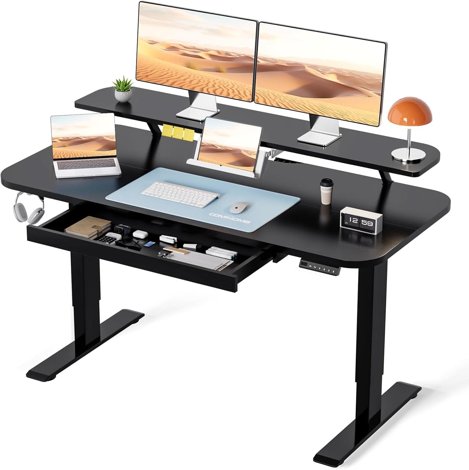 Electric Standing Desk With Drawers 48x24 Black Height Adjustable