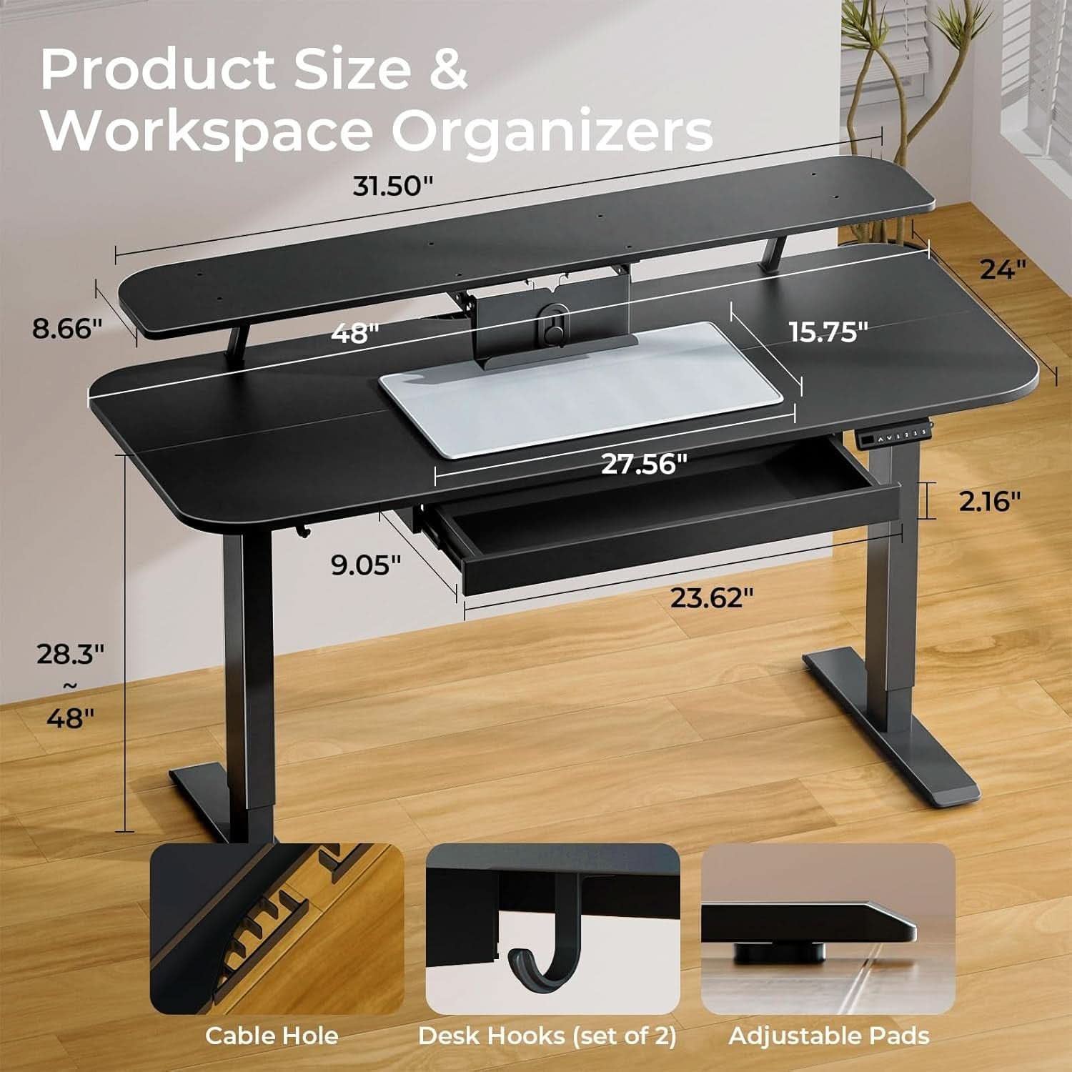 Electric Standing Desk With Drawers 48x24 Black Height Adjustable