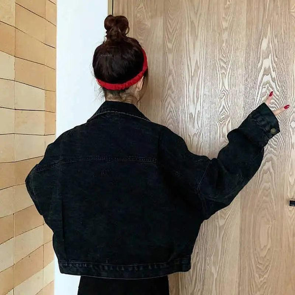 Elegance Black Denim Short Jackets For Women Loose Single Breasted Button Pockets Stylish Chic Retro Casual Streetwear For Women
