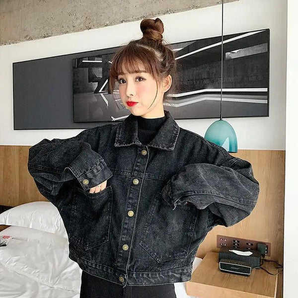 Elegance Black Denim Short Jackets For Women Loose Single Breasted Button Pockets Stylish Chic Retro Casual Streetwear For Women