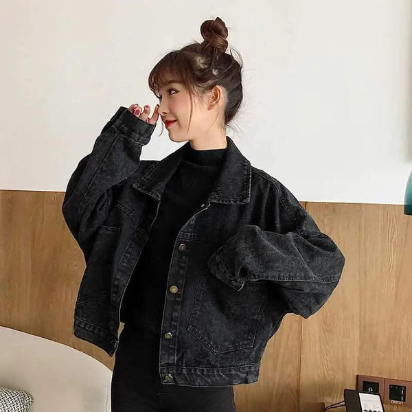 Elegance Black Denim Short Jackets For Women Loose Single Breasted Button Pockets Stylish Chic Retro Casual Streetwear For Women