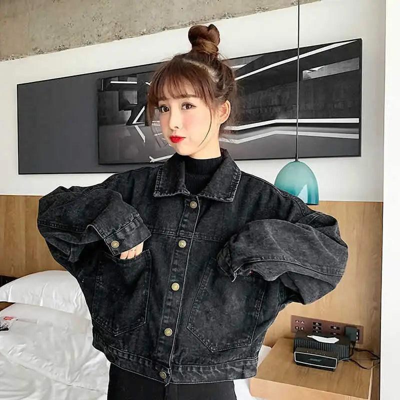 Elegance Black Denim Short Jackets For Women Loose Single Breasted Button Pockets Stylish Chic Retro Casual Streetwear For Women