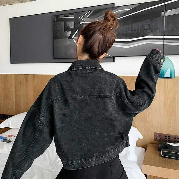 Elegance Black Denim Short Jackets For Women Loose Single Breasted Button Pockets Stylish Chic Retro Casual Streetwear For Women