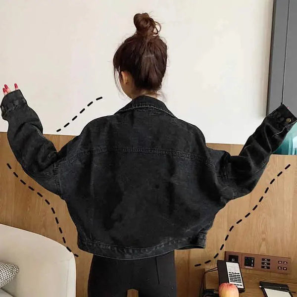 Elegance Black Denim Short Jackets For Women Loose Single Breasted Button Pockets Stylish Chic Retro Casual Streetwear For Women