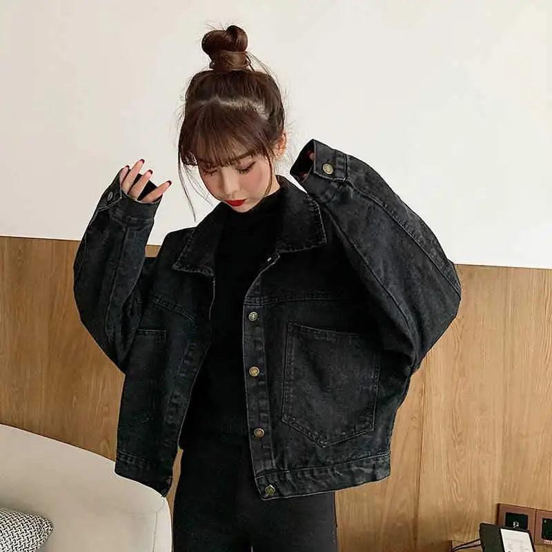 Elegance Black Denim Short Jackets For Women Loose Single Breasted Button Pockets Stylish Chic Retro Casual Streetwear For Women