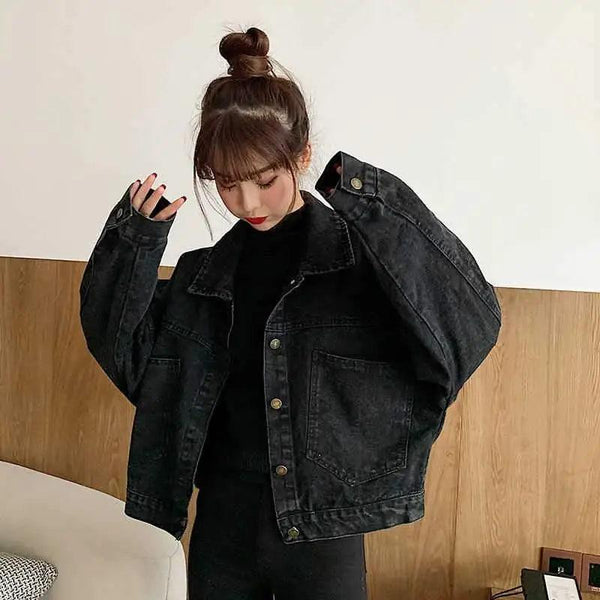 Elegance Black Denim Short Jackets For Women Loose Single Breasted Button Pockets Stylish Chic Retro Casual Streetwear For Women