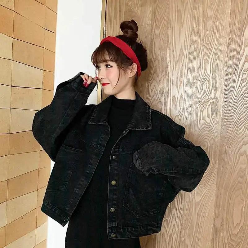 Elegance Black Denim Short Jackets For Women Loose Single Breasted Button Pockets Stylish Chic Retro Casual Streetwear For Women