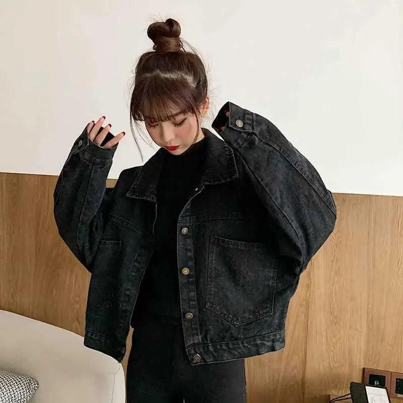 Elegance Black Denim Short Jackets For Women Loose Single Breasted Button Pockets Stylish Chic Retro Casual Streetwear For Women