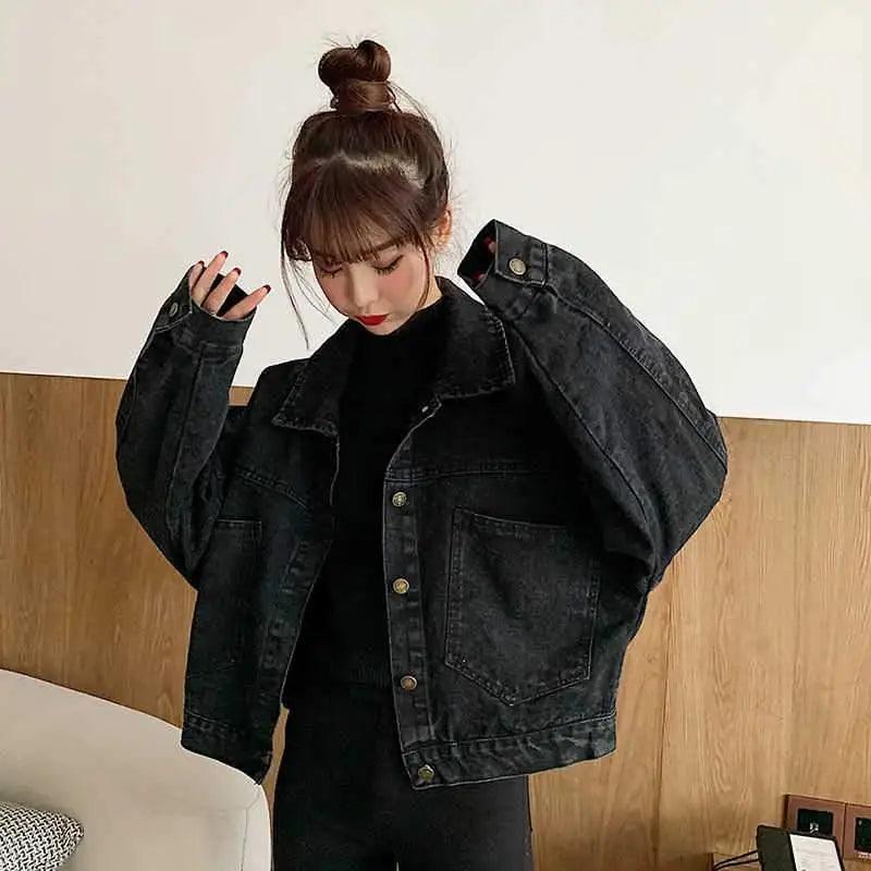 Elegance Black Denim Short Jackets For Women Loose Single Breasted Button Pockets Stylish Chic Retro Casual Streetwear For Women