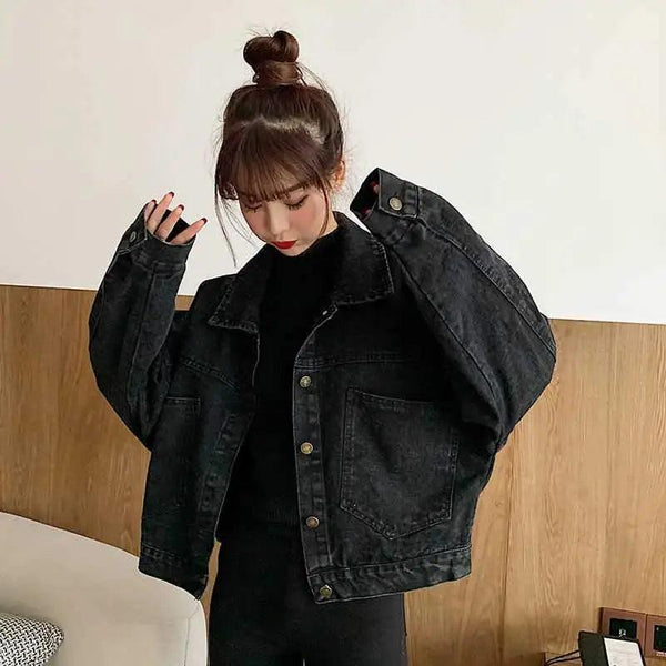 Elegance Black Denim Short Jackets For Women Loose Single Breasted Button Pockets Stylish Chic Retro Casual Streetwear For Women