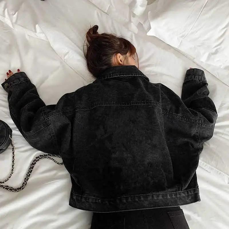 Elegance Black Denim Short Jackets For Women Loose Single Breasted Button Pockets Stylish Chic Retro Casual Streetwear For Women