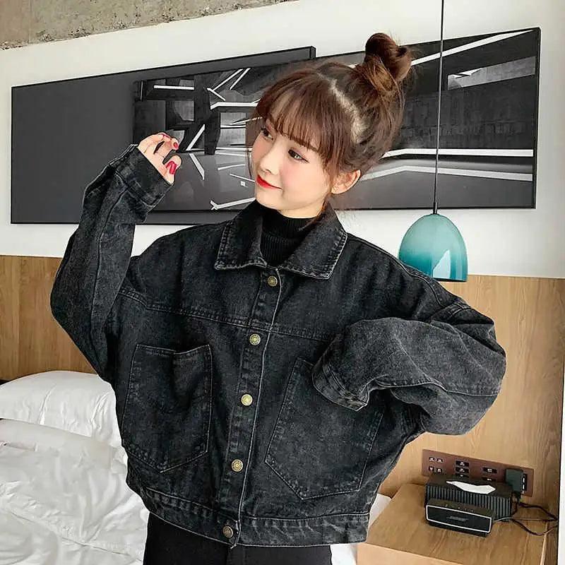Elegance Black Denim Short Jackets For Women Loose Single Breasted Button Pockets Stylish Chic Retro Casual Streetwear For Women