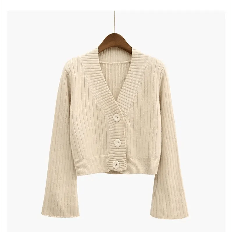 Elegance Cardigan Autumn Long Flare Sleeve Short Sweater Women Ribbed Knitted Cotton Tops Black White Ladies Soft Outwear Female