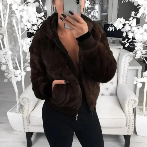 Elegance Faux Fur Women Coat With Hood High Waist Fashion Slim Black /Red /Pink Faux Fur Jacket Fake Rabbit Fur Coats