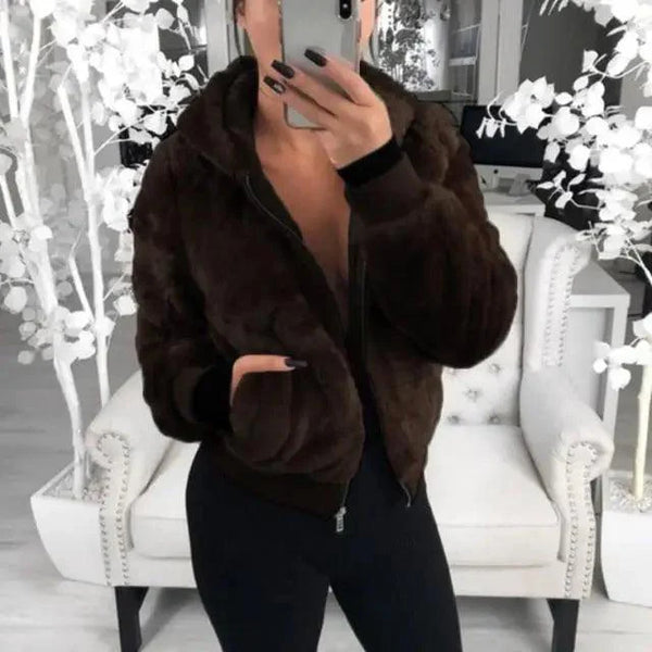 Elegance Faux Fur Women Coat With Hood High Waist Fashion Slim Black /Red /Pink Faux Fur Jacket Fake Rabbit Fur Coats