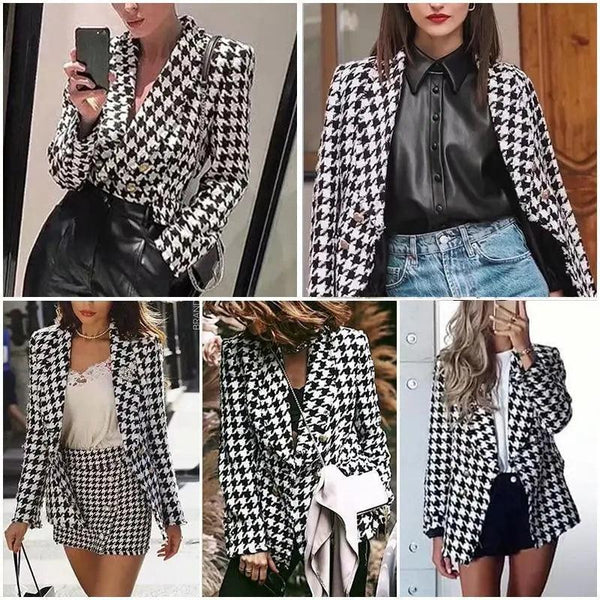 Elegance Women Tweed Jackets Fashionable Office Ladies Black Tassel Houndstooth Coats Female Autumn Vintage Thick Plaid Coat Girls Chic