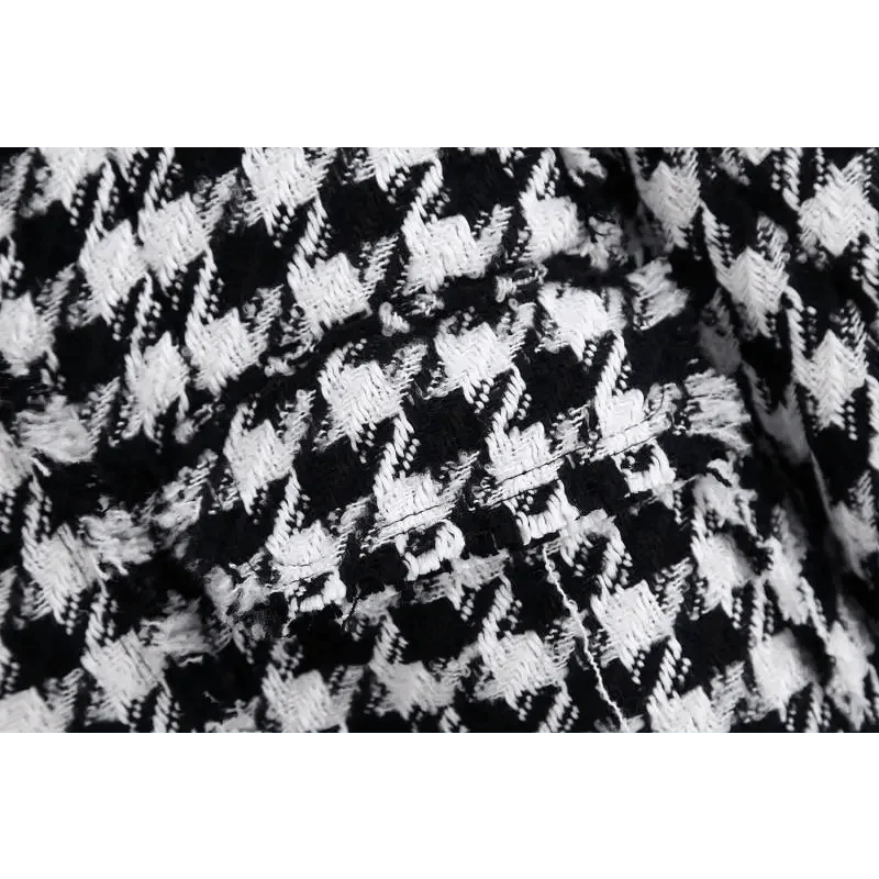 Elegance Women Tweed Jackets Fashionable Office Ladies Black Tassel Houndstooth Coats Female Autumn Vintage Thick Plaid Coat Girls Chic