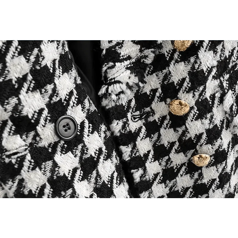 Elegance Women Tweed Jackets Fashionable Office Ladies Black Tassel Houndstooth Coats Female Autumn Vintage Thick Plaid Coat Girls Chic