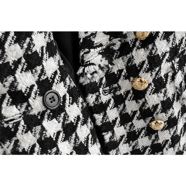 Elegance Women Tweed Jackets Fashionable Office Ladies Black Tassel Houndstooth Coats Female Autumn Vintage Thick Plaid Coat Girls Chic