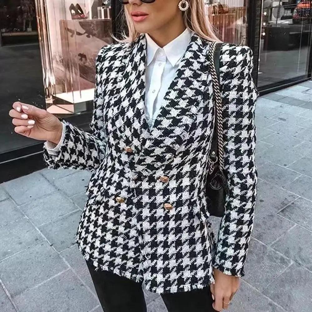 Elegance Women Tweed Jackets Fashionable Office Ladies Black Tassel Houndstooth Coats Female Autumn Vintage Thick Plaid Coat Girls Chic