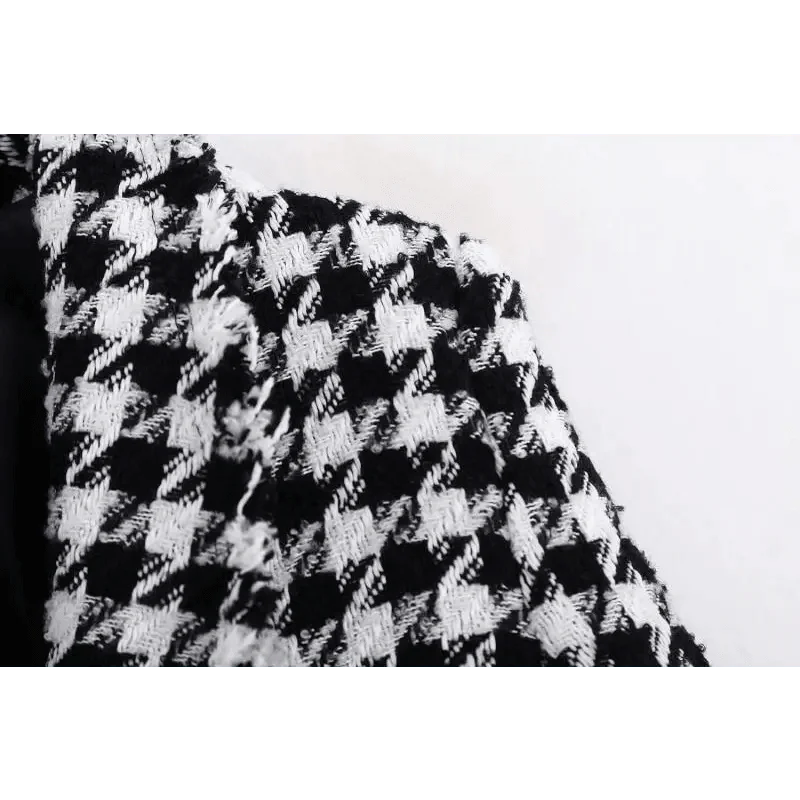 Elegance Women Tweed Jackets Fashionable Office Ladies Black Tassel Houndstooth Coats Female Autumn Vintage Thick Plaid Coat Girls Chic