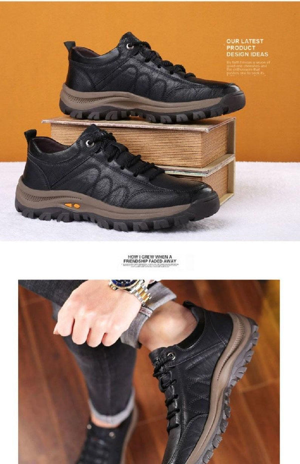 Elegant Black Leather Mens Business Boots Platform Winter Sneakers Without Lace Safety Shoe Quick-Drying Tactical Shoe Comfortable Sneaker Hiker Lightweight Ankle Motorcycle Mountain Running Short Boot