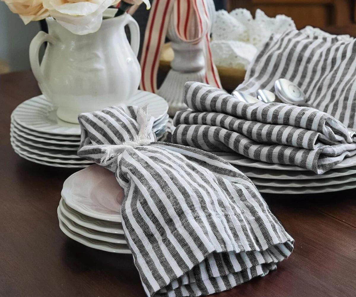 Black Pinstripe Linen Napkins - Set of 4, 8 & More