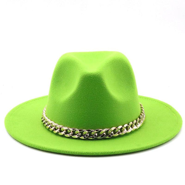 Elegant Green Fedora Hats Women Men Fedora Hats Wide Brim Fedora Hat Summer Chain Band Jazz Hats Winter Autumn Gentleman Outdoor Hat