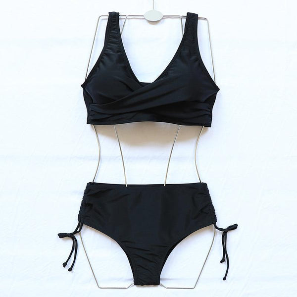 Elegant High Waist Bikini Set Push Up Swimwear Women Swimsuits New Black Bathing Suit Twist Women's High Waist Bikini Twist Front Tie Back 2 Piece Lace Up Summer Swimsuits